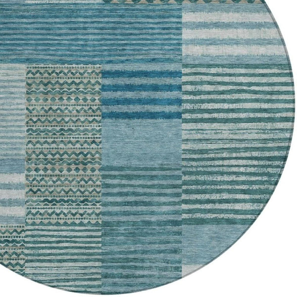 8 Foot Round Striped Teal Pewter Polyester Washable Rug for Patio or Family Room