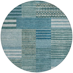 8 Foot Round Striped Teal Pewter Polyester Washable Rug for Patio or Family Room
