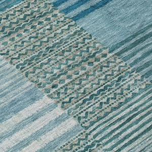 8 Foot Round Striped Teal Pewter Polyester Washable Rug for Patio or Family Room