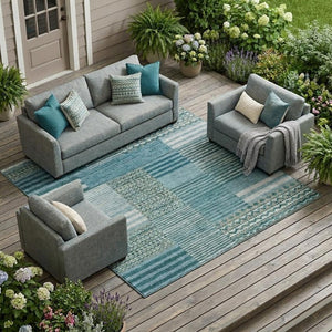 10 X 14 Teal Pewter Stripe Polyester Area Rug Washable for Patio or Living Room