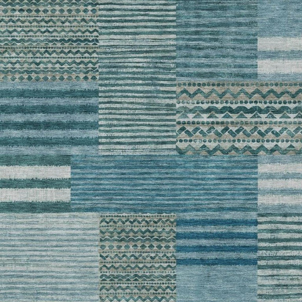 10 X 14 Teal Pewter Stripe Polyester Area Rug Washable for Patio or Living Room