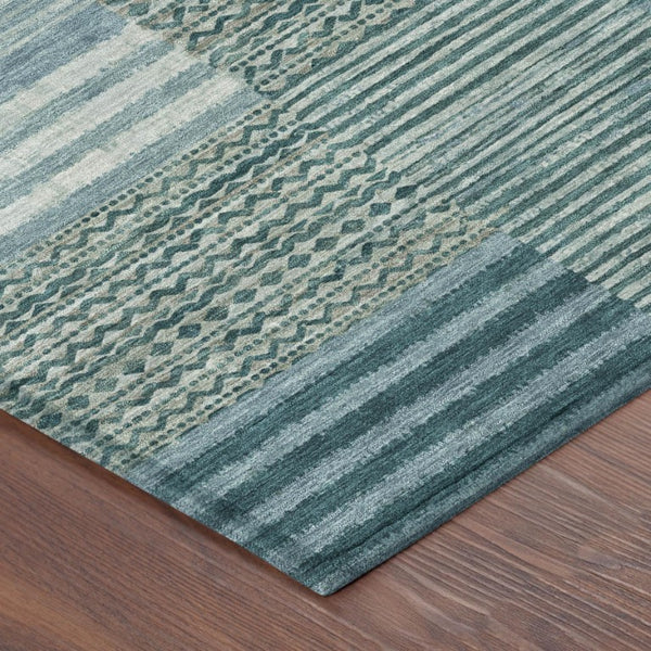 10 X 14 Teal Pewter Stripe Polyester Area Rug Washable for Patio or Living Room