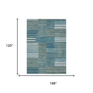 10 X 14 Teal Pewter Stripe Polyester Area Rug Washable for Patio or Living Room