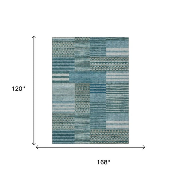 10 X 14 Teal Pewter Stripe Polyester Area Rug Washable for Patio or Living Room