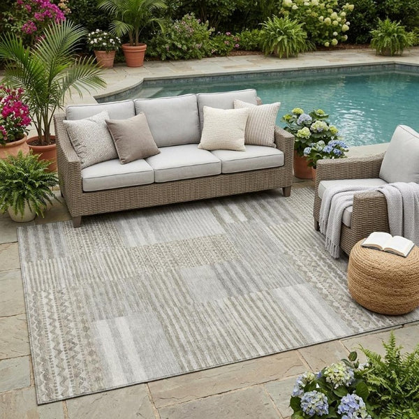 5 X 8 Taupe Brown Stripe Polyester Washable Rug for Patio Porch and Living Room