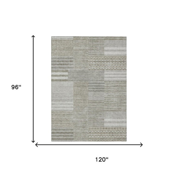8x10 Taupe Brown Stripe Polyester Area Rug Washable Stain Resistant Indoor Outdoor