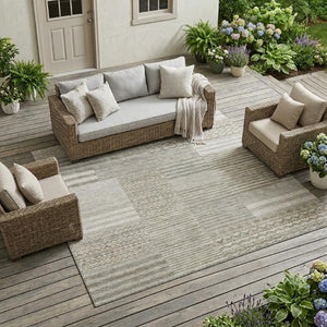 9 X 12 Taupe Brown Stripe Polyester Area Rug Washable for Patio Porch or Living Room