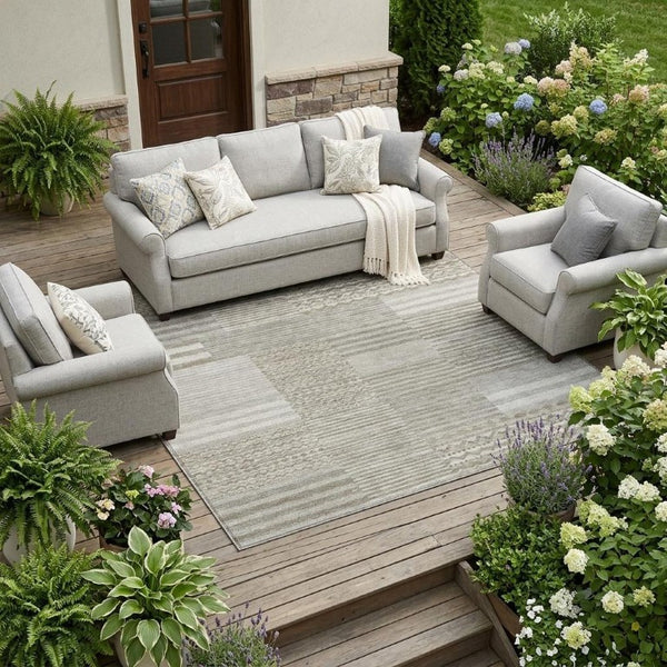 10 X 14 Taupe Brown Stripe Polyester Area Rug Washable for Patio Porch and Living Room