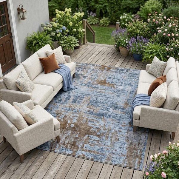 9 X 12 Abstract Blue Gray Polyester Area Rug Washable for Indoor Outdoor Use