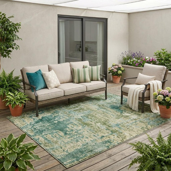 5x8 Abstract Green Sage Polyester Area Rug Washable Stain Resistant Indoor Outdoor