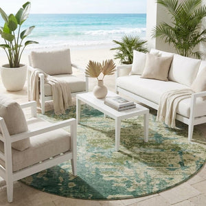 8 Ft Round Abstract Polyester Area Rug Stain Resistant Indoor Outdoor Green Sage
