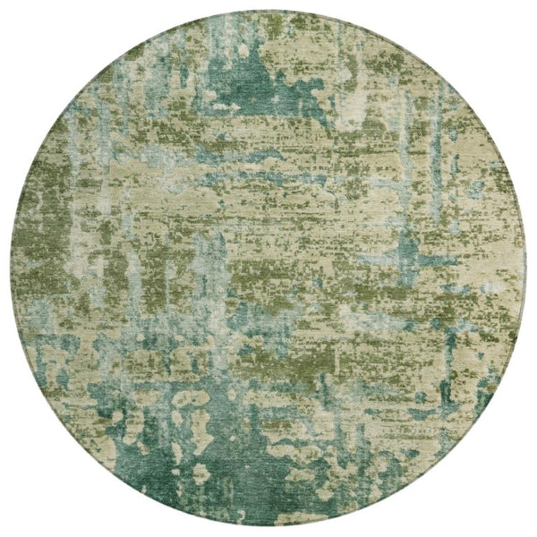 HomeRoots 8 Ft Round Abstract Polyester Area Rug Stain Resistant Indoor Outdoor Green Sage 740127