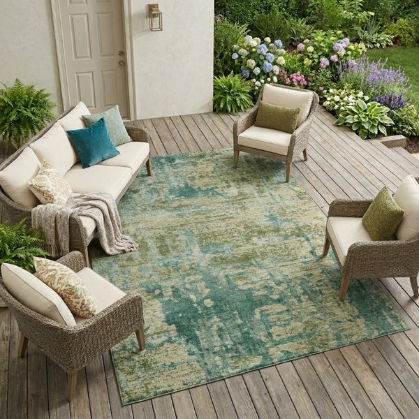 8 X 10 Abstract Green Polyester Area Rug Washable for Indoor Outdoor Spaces