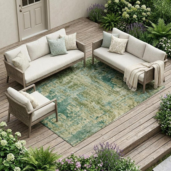 10 X 14 Abstract Green Sage Polyester Indoor Outdoor Washable Area Rug Patio