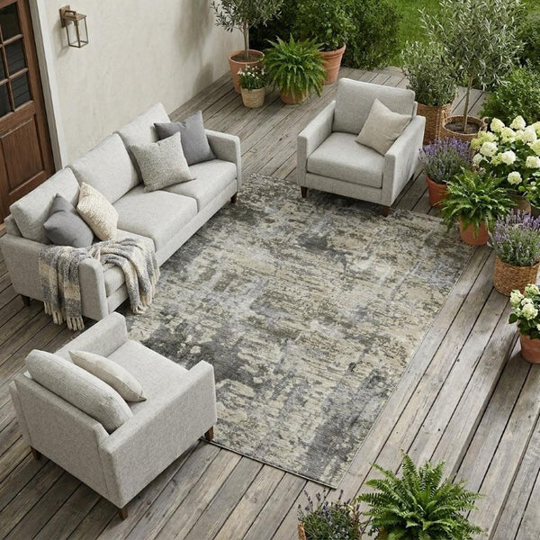 10 X 14 Pewter Gray Abstract Polyester Area Rug Stain Resistant Indoor Outdoor