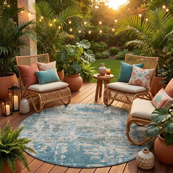 8 Ft Round Teal Pewter Abstract Polyester Rug Washable for Patio or Family Room