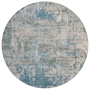 HomeRoots 8 Ft Round Teal Pewter Abstract Polyester Rug Washable for Patio or Family Room 740151