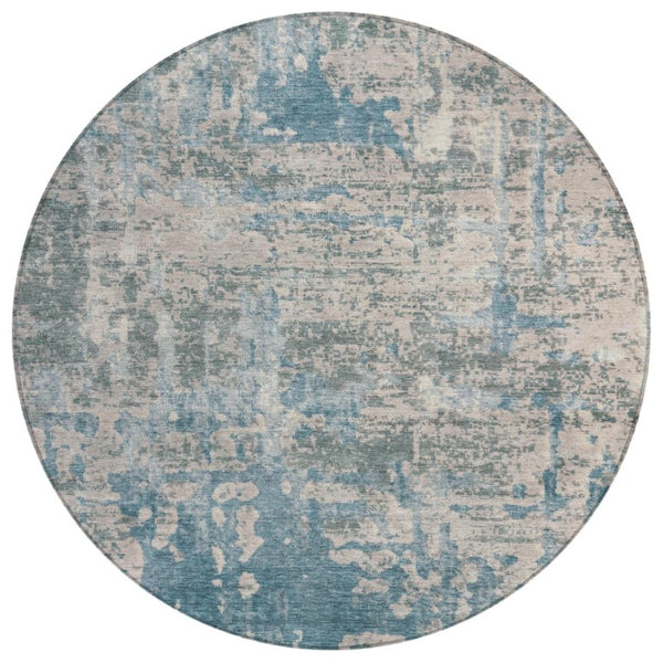 HomeRoots 8 Ft Round Teal Pewter Abstract Polyester Rug Washable for Patio or Family Room 740151
