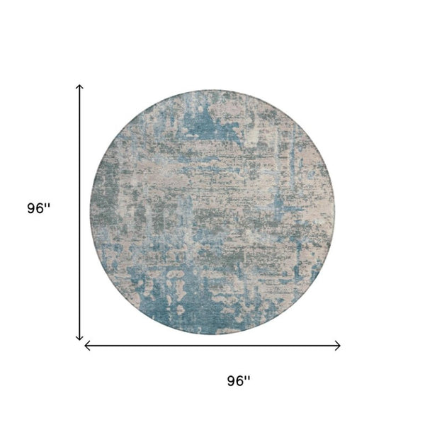 8 Ft Round Teal Pewter Abstract Polyester Rug Washable for Patio or Family Room