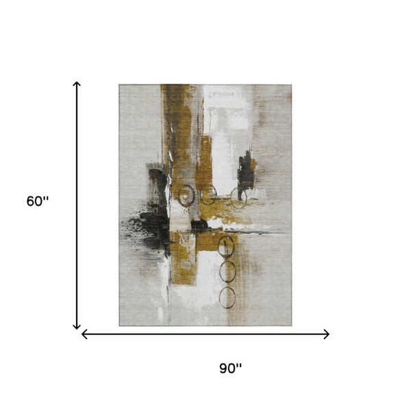 5x8 Abstract Polyester Area Rug Washable Indoor Outdoor Brown Silver Patio