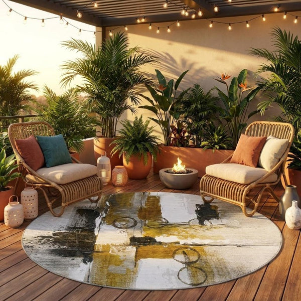 8 Foot Round Abstract Polyester Area Rug Washable Stain Resistant for Patio or Family Room