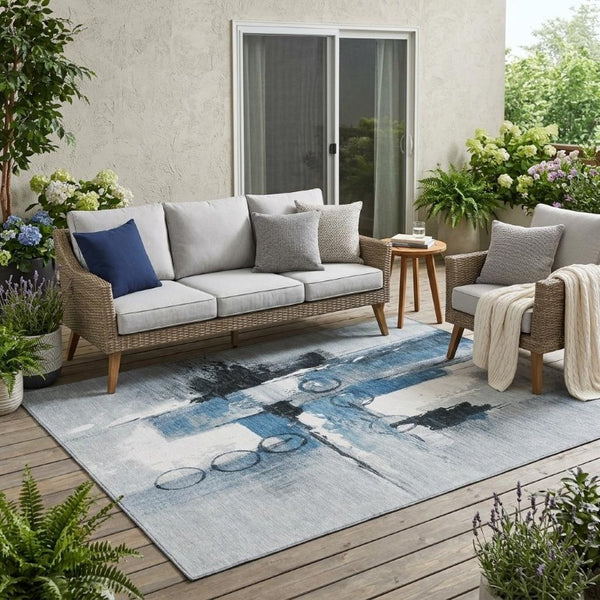 5 X 8 Abstract Blue Silver Polyester Area Rug Washable for Patio and Living Room