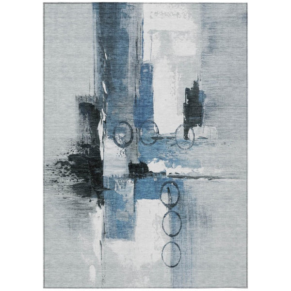 HomeRoots 5 X 8 Abstract Blue Silver Polyester Area Rug Washable for Patio and Living Room 740162