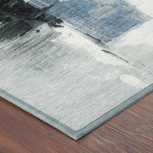 5 X 8 Abstract Blue Silver Polyester Area Rug Washable for Patio and Living Room