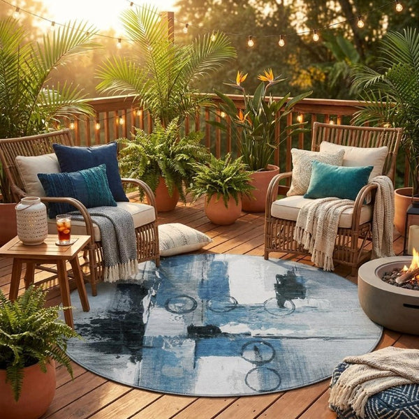 8 Foot Round Abstract Polyester Area Rug Washable Blue Silver Patio or Family Room