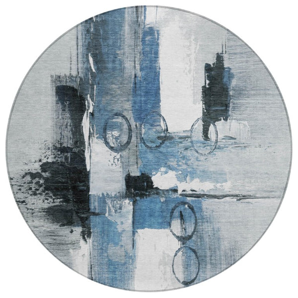 HomeRoots 8 Foot Round Abstract Polyester Area Rug Washable Blue Silver Patio or Family Room 740163