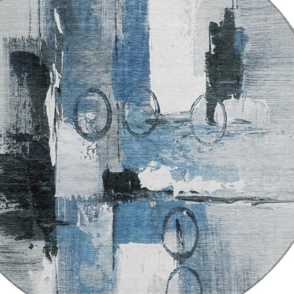 8 Foot Round Abstract Polyester Area Rug Washable Blue Silver Patio or Family Room