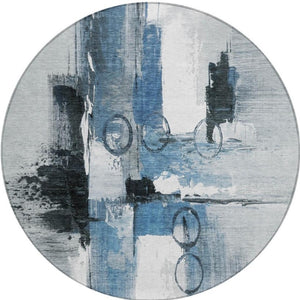 8 Foot Round Abstract Polyester Area Rug Washable Blue Silver Patio or Family Room