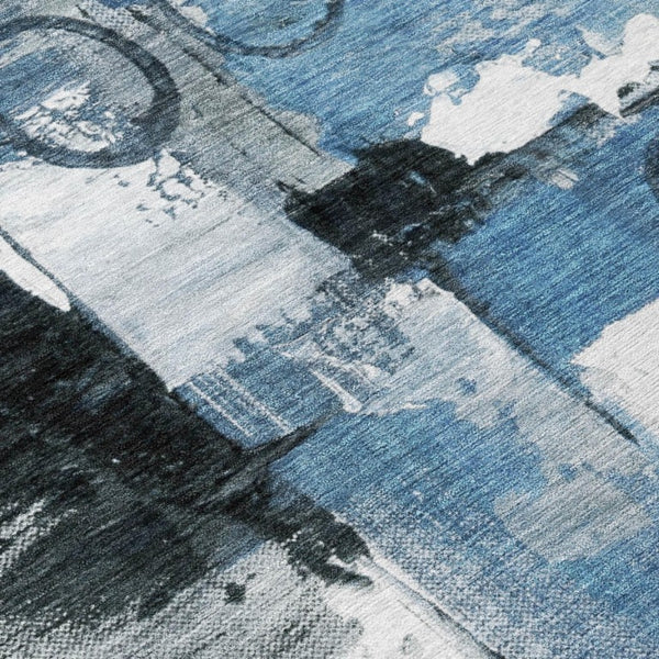 8 Foot Round Abstract Polyester Area Rug Washable Blue Silver Patio or Family Room