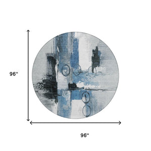 8 Foot Round Abstract Polyester Area Rug Washable Blue Silver Patio or Family Room