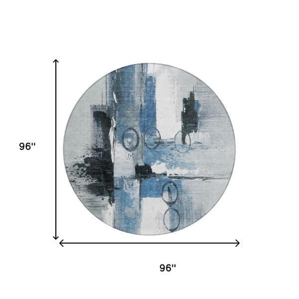 8 Foot Round Abstract Polyester Area Rug Washable Blue Silver Patio or Family Room