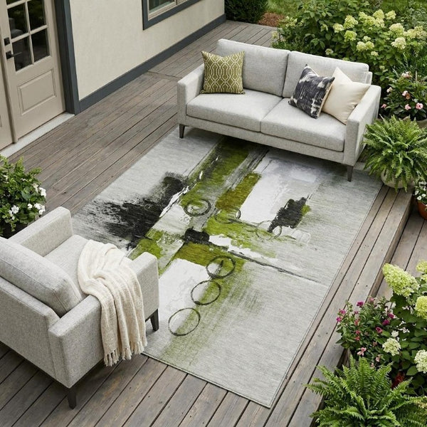 8 Ft X 10 Ft Olive Abstract Polyester Indoor Outdoor Rug Stain Resistant Easy Care
