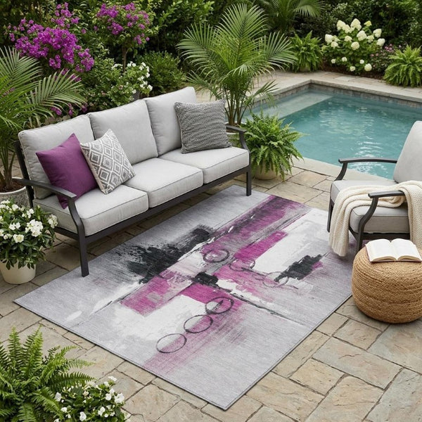 5 X 8 Pink Silver Abstract Polyester Area Rug Washable for Indoor Outdoor Use