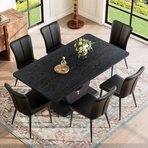 English Elm Black Wood Grain Mdf Dining Table Set Seats Six with Pu Leather Stripe Chairs W1151S04428