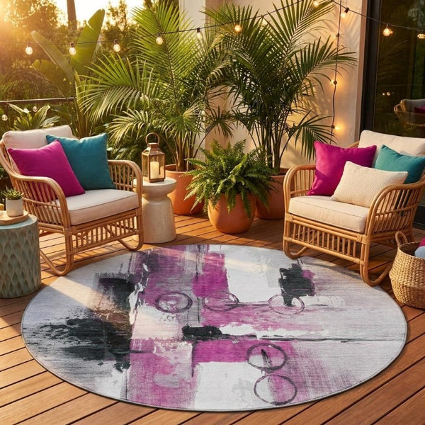 8 Ft Round Abstract Polyester Area Rug in Pink Silver for Indoor Outdoor Use