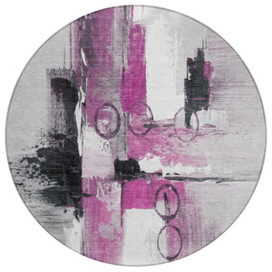 HomeRoots 8 Ft Round Abstract Polyester Area Rug in Pink Silver for Indoor Outdoor Use 740175