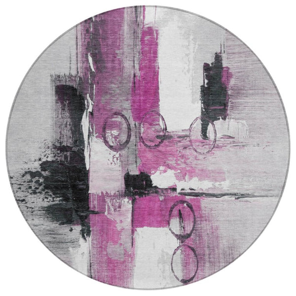 HomeRoots 8 Ft Round Abstract Polyester Area Rug in Pink Silver for Indoor Outdoor Use 740175