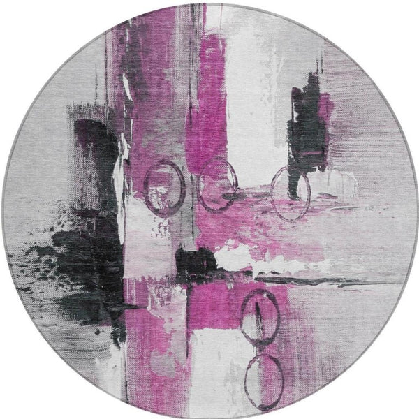 8 Ft Round Abstract Polyester Area Rug in Pink Silver for Indoor Outdoor Use