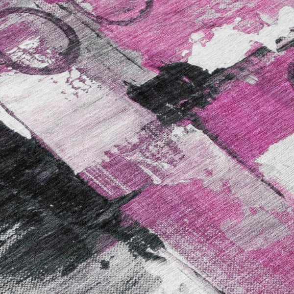 8 Ft Round Abstract Polyester Area Rug in Pink Silver for Indoor Outdoor Use