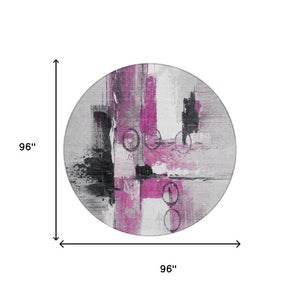 8 Ft Round Abstract Polyester Area Rug in Pink Silver for Indoor Outdoor Use
