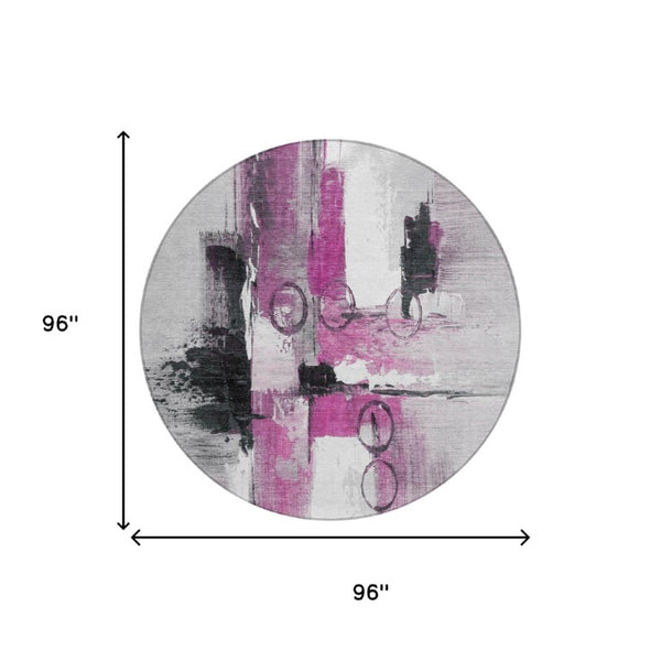 8 Ft Round Abstract Polyester Area Rug in Pink Silver for Indoor Outdoor Use