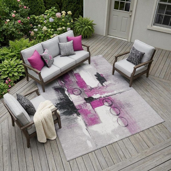 8 X 10 Pink Silver Abstract Polyester Area Rug Washable for Patio or Living Room