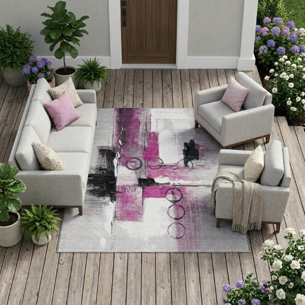 10 Ft X 14 Ft Pink Silver Abstract Polyester Washable Rug for Patio or Living Room