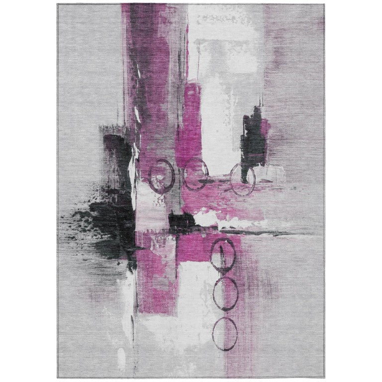 HomeRoots 10 Ft X 14 Ft Pink Silver Abstract Polyester Washable Rug for Patio or Living Room 740178