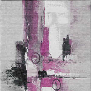 10 Ft X 14 Ft Pink Silver Abstract Polyester Washable Rug for Patio or Living Room