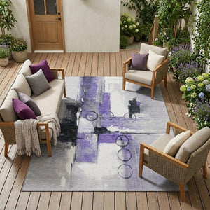 10 X 14 Abstract Purple Silver Washable Polyester Rug for Indoor Outdoor Living